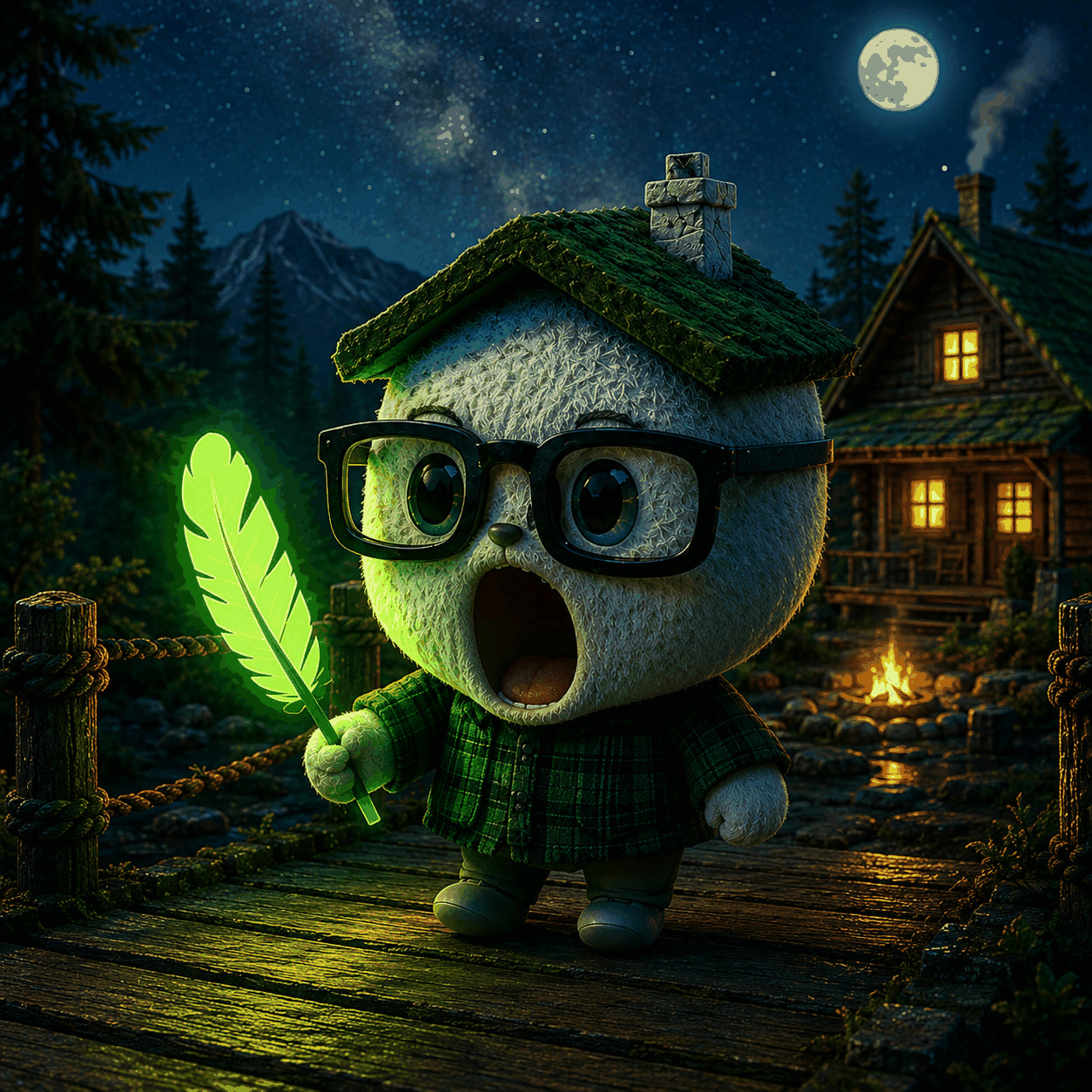 POPONS standing on a boardwalk at night holding his glowing green feather